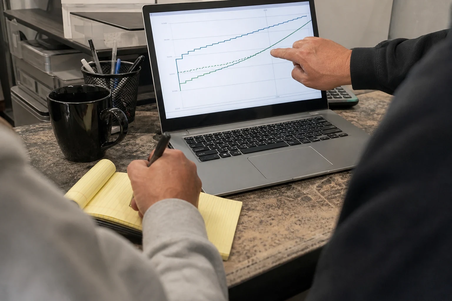 One person points at a line chart on a laptop screen while another takes notes on a yellow legal pad at an office desk with a black mug and pen cup