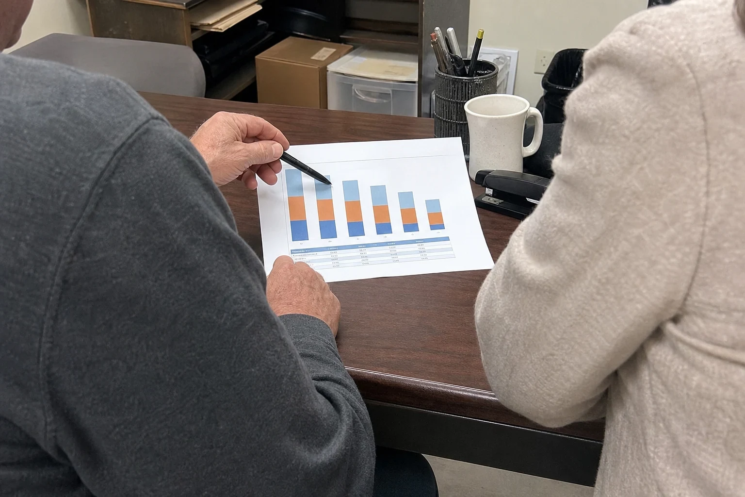Over-the-shoulder view of two people at an office desk as one points a pen at a printed bar chart with a small table, beside a mug, stapler and pen cup.